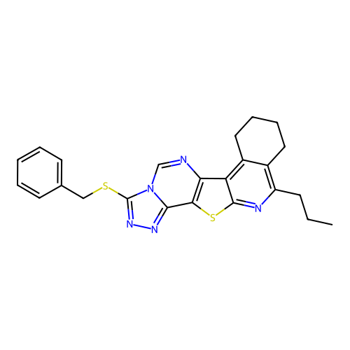 3-(benzylsulfanyl)-11-propyl-7,8,9,10-tetrahydro[1,2,4]triazolo[4'',3'':1',6']pyrimido[4',5':4,5]thieno[2,3-c]isoquinoline structure