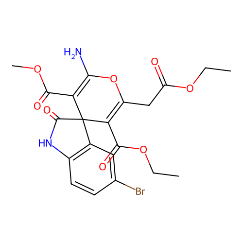 5'-ethyl 3'-methyl 2'-amino-5-bromo-6'-(2-ethoxy-2-oxoethyl)-2-oxo-1,2-dihydrospiro[indole-3,4'-pyran]-3',5'-dicarboxylate structure