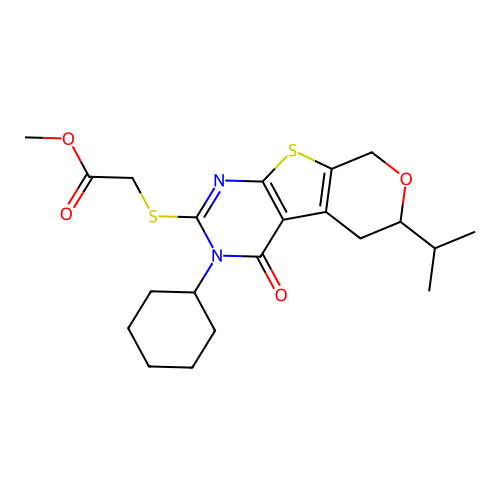 methyl {[3-cyclohexyl-4-oxo-6-(propan-2-yl)-3,5,6,8-tetrahydro-4H-pyrano[4',3':4,5]thieno[2,3-d]pyrimidin-2-yl]sulfanyl}acetate structure