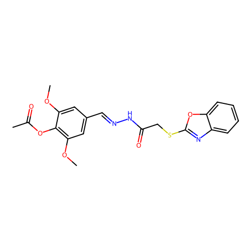 4-[(1E)-2-(2-benzoxazol-2-ylthioacetylamino)-2-azavinyl]-2,6-dimethoxyphenyl a cetate structure