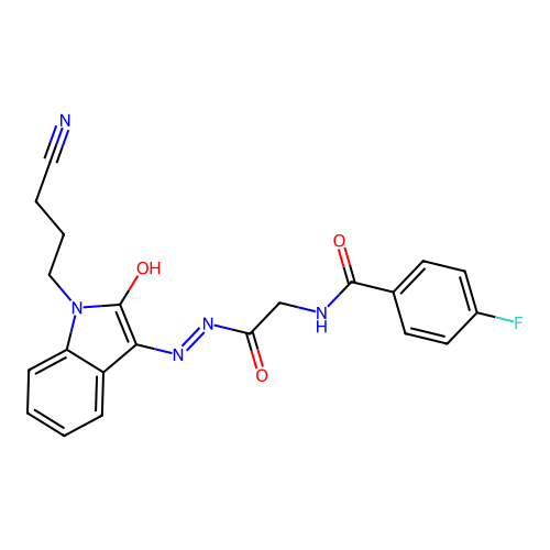 N-[2-[2-[1-(3-cyanopropyl)-2-oxoindol-3-ylidene]hydrazinyl]-2-oxoethyl]-4-fluorobenzamide structure