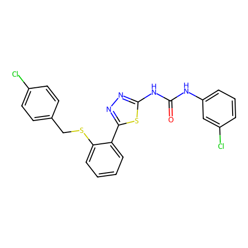1-(5-(2-((4-chlorobenzyl)thio)phenyl)-1,3,4-thiadiazol-2-yl)-3-(3-chlorophenyl)urea structure