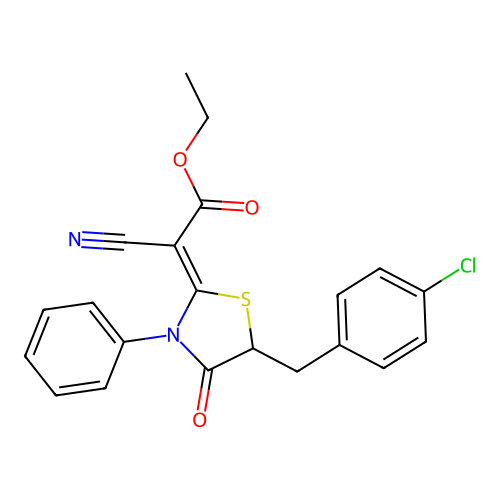 (Z)-ethyl 2-(5-(4-chlorobenzyl)-4-oxo-3-phenylthiazolidin-2-ylidene)-2-cyanoacetate structure