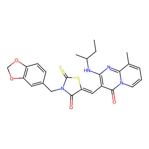 (Z)-3-(benzo[d][1,3]dioxol-5-ylmethyl)-5-((2-(sec-butylamino)-9-methyl-4-oxo-4H-pyrido[1,2-a]pyrimidin-3-yl)methylene)-2-thioxothiazolidin-4-one structure