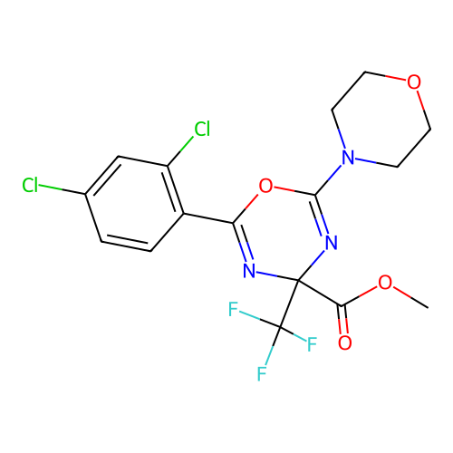 methyl 2-(2,4-dichlorophenyl)-6-(morpholin-4-yl)-4-(trifluoromethyl)-4H-1,3,5-oxadiazine-4-carboxylate structure