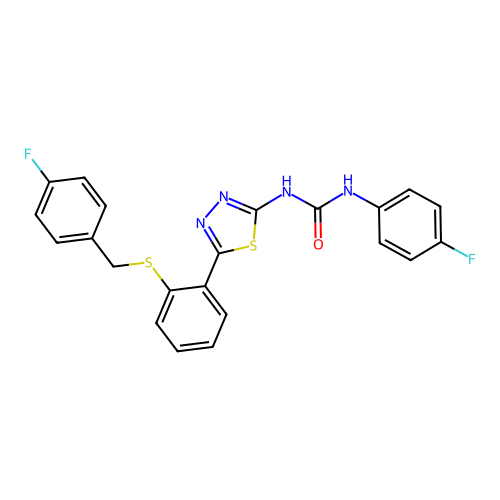 1-(5-(2-((4-fluorobenzyl)thio)phenyl)-1,3,4-thiadiazol-2-yl)-3-(4-fluorophenyl)urea structure
