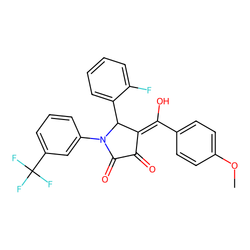 (4E)-5-(2-fluorophenyl)-4-[hydroxy(4-methoxyphenyl)methylidene]-1-[3-(trifluoromethyl)phenyl]pyrrolidine-2,3-dione structure
