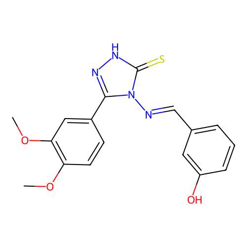 (E)-3-(((3-(3,4-dimethoxyphenyl)-5-mercapto-4H-1,2,4-triazol-4-yl)imino)methyl)phenol structure