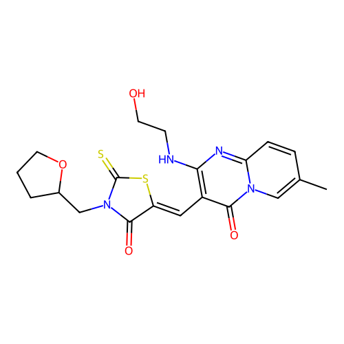(Z)-5-((2-((2-hydroxyethyl)amino)-7-methyl-4-oxo-4H-pyrido[1,2-a]pyrimidin-3-yl)methylene)-3-((tetrahydrofuran-2-yl)methyl)-2-thioxothiazolidin-4-one structure