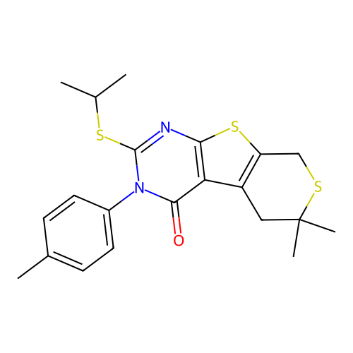 2-(isopropylthio)-6,6-dimethyl-3-(p-tolyl)-5,6-dihydro-3H-thiopyrano[4',3':4,5]thieno[2,3-d]pyrimidin-4(8H)-one structure