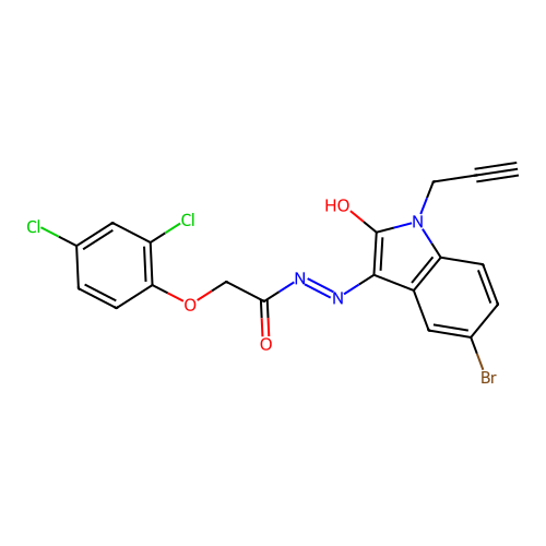N'-[(3E)-5-bromo-2-oxo-1-(prop-2-yn-1-yl)-1,2-dihydro-3H-indol-3-ylidene]-2-(2,4-dichlorophenoxy)acetohydrazide structure