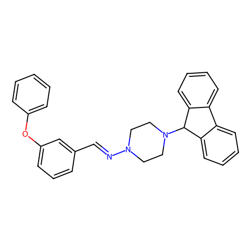 (E)-4-(9H-fluoren-9-yl)-N-(3-phenoxybenzylidene)piperazin-1-amine structure