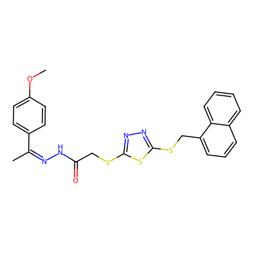 N-[(E)-1-(4-methoxyphenyl)ethylideneamino]-2-[[5-(naphthalen-1-ylmethylsulfanyl)-1,3,4-thiadiazol-2-yl]sulfanyl]acetamide structure