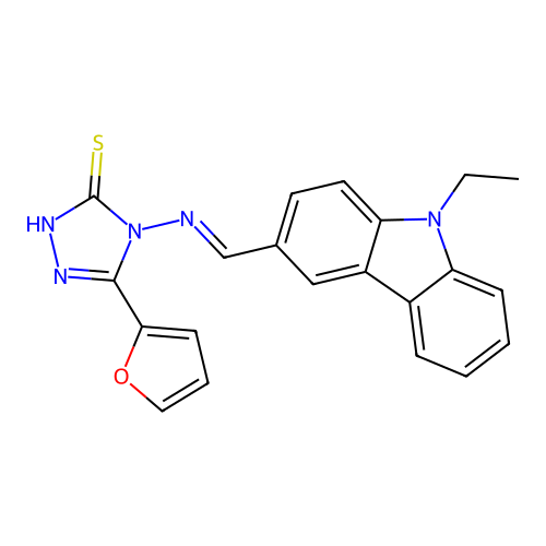 4-[(E)-(9-ethylcarbazol-3-yl)methylideneamino]-3-(furan-2-yl)-1H-1,2,4-triazole-5-thione structure