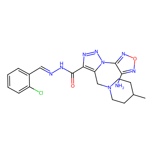 (E)-1-(4-amino-1,2,5-oxadiazol-3-yl)-N'-(2-chlorobenzylidene)-5-((4-methylpiperidin-1-yl)methyl)-1H-1,2,3-triazole-4-carbohydrazide structure