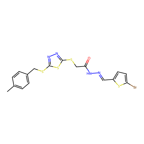 N'-[(E)-(5-bromothiophen-2-yl)methylidene]-2-({5-[(4-methylbenzyl)sulfanyl]-1,3,4-thiadiazol-2-yl}sulfanyl)acetohydrazide structure