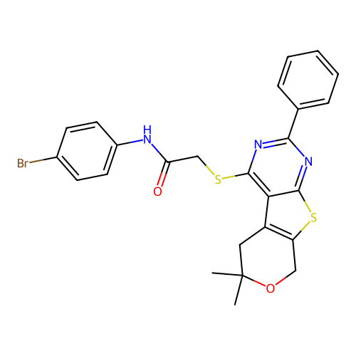 N-(4-bromophenyl)-2-((6,6-dimethyl-2-phenyl-6,8-dihydro-5H-pyrano[4',3':4,5]thieno[2,3-d]pyrimidin-4-yl)thio)acetamide structure