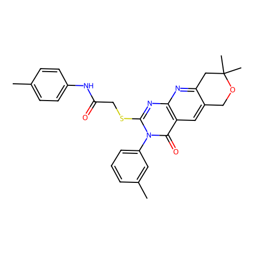2-((8,8-dimethyl-4-oxo-3-(m-tolyl)-4,6,8,9-tetrahydro-3H-pyrano[3',4':5,6]pyrido[2,3-d]pyrimidin-2-yl)thio)-N-(p-tolyl)acetamide structure