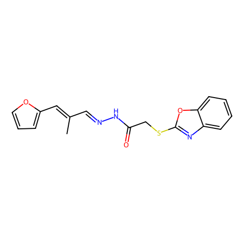 (E)-2-(benzo[d]oxazol-2-ylthio)-N'-((E)-3-(furan-2-yl)-2-methylallylidene)acetohydrazide structure