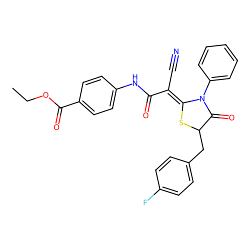 (Z)-ethyl 4-(2-cyano-2-(5-(4-fluorobenzyl)-4-oxo-3-phenylthiazolidin-2-ylidene)acetamido)benzoate structure