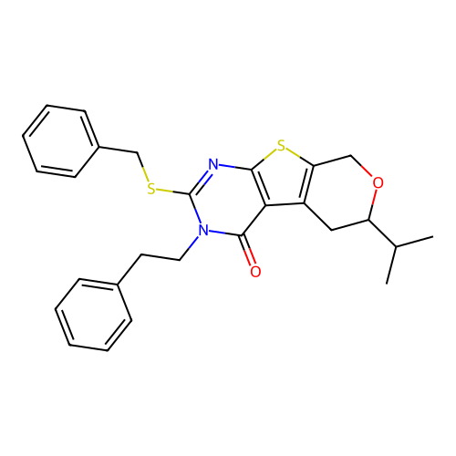 2-(benzylsulfanyl)-3-(2-phenylethyl)-6-(propan-2-yl)-3,5,6,8-tetrahydro-4H-pyrano[4',3':4,5]thieno[2,3-d]pyrimidin-4-one structure