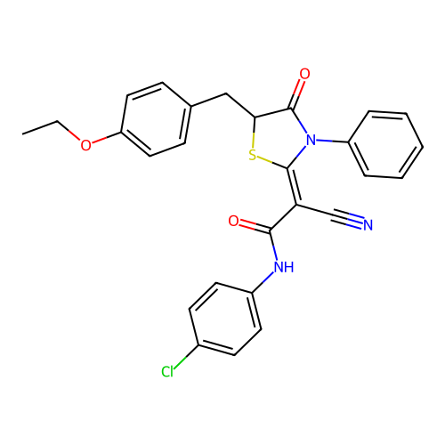 (2Z)-N-(4-chlorophenyl)-2-cyano-2-[5-(4-ethoxybenzyl)-4-oxo-3-phenyl-1,3-thiazolidin-2-ylidene]ethanamide structure