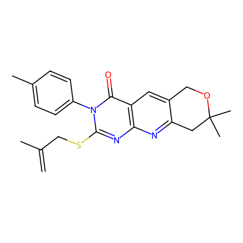 8,8-dimethyl-2-((2-methylallyl)thio)-3-(p-tolyl)-8,9-dihydro-3H-pyrano[3',4':5,6]pyrido[2,3-d]pyrimidin-4(6H)-one structure