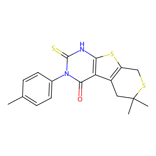 2-mercapto-6,6-dimethyl-3-(p-tolyl)-5,6-dihydro-3H-thiopyrano[4',3':4,5]thieno[2,3-d]pyrimidin-4(8H)-one structure