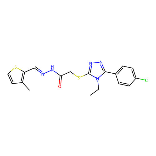 2-{[5-(4-chlorophenyl)-4-ethyl-4H-1,2,4-triazol-3-yl]sulfanyl}-N'-[(E)-(3-methylthiophen-2-yl)methylidene]acetohydrazide structure