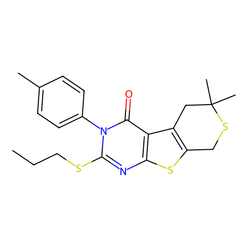 6,6-dimethyl-2-(propylthio)-3-(p-tolyl)-5,6-dihydro-3H-thiopyrano[4',3':4,5]thieno[2,3-d]pyrimidin-4(8H)-one structure