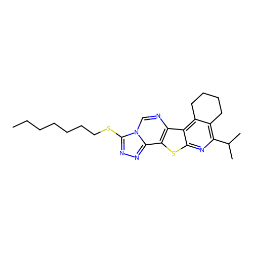 3-(heptylsulfanyl)-11-(propan-2-yl)-7,8,9,10-tetrahydro[1,2,4]triazolo[4'',3'':1',6']pyrimido[4',5':4,5]thieno[2,3-c]isoquinoline structure
