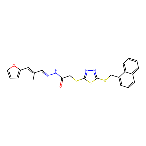 (E)-N'-((E)-3-(furan-2-yl)-2-methylallylidene)-2-((5-((naphthalen-1-ylmethyl)thio)-1,3,4-thiadiazol-2-yl)thio)acetohydrazide structure