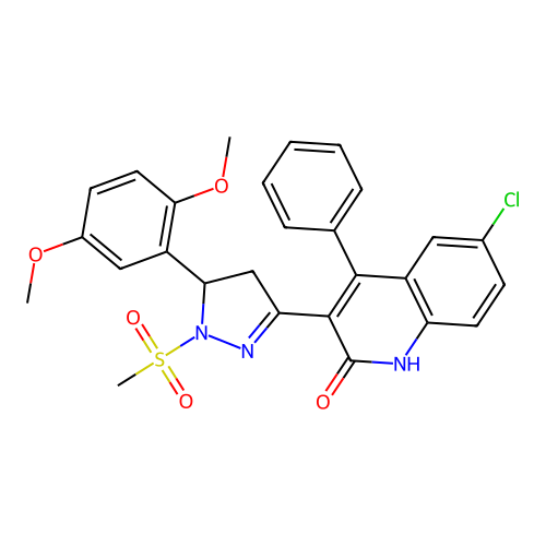 6-chloro-3-[5-(2,5-dimethoxyphenyl)-1-methylsulfonyl-3-pyrazolidinylidene]-4-phenyl-2-quinolinone structure