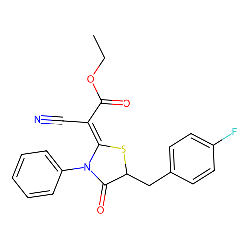 (Z)-ethyl 2-cyano-2-(5-(4-fluorobenzyl)-4-oxo-3-phenylthiazolidin-2-ylidene)acetate structure