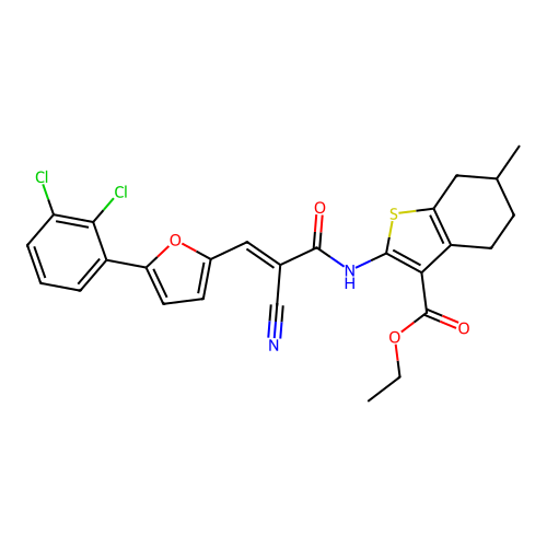 (E)-ethyl 2-(2-cyano-3-(5-(2,3-dichlorophenyl)furan-2-yl)acrylamido)-6-methyl-4,5,6,7-tetrahydrobenzo[b]thiophene-3-carboxylate structure