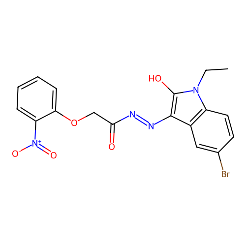 N'-[(3E)-5-bromo-1-ethyl-2-oxo-1,2-dihydro-3H-indol-3-ylidene]-2-(2-nitrophenoxy)acetohydrazide structure