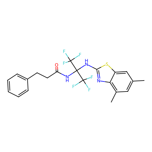 N-(2-((4,6-dimethylbenzo[d]thiazol-2-yl)amino)-1,1,1,3,3,3-hexafluoropropan-2-yl)-3-phenylpropanamide structure