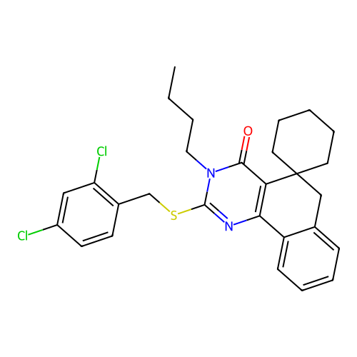3-butyl-2-((2,4-dichlorobenzyl)thio)-3H-spiro[benzo[h]quinazoline-5,1'-cyclohexan]-4(6H)-one structure