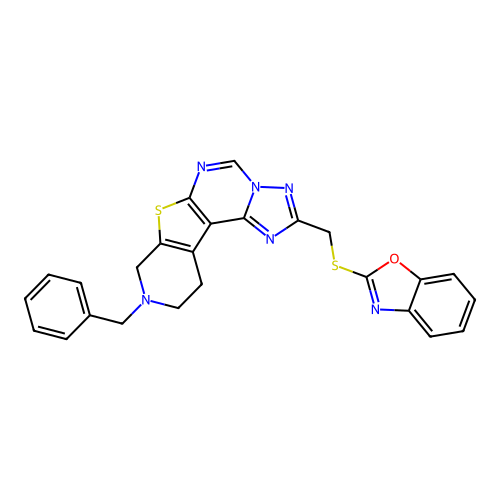 2-[(1,3-benzoxazol-2-ylsulfanyl)methyl]-9-benzyl-8,9,10,11-tetrahydropyrido[4',3':4,5]thieno[3,2-e][1,2,4]triazolo[1,5-c]pyrimidine structure