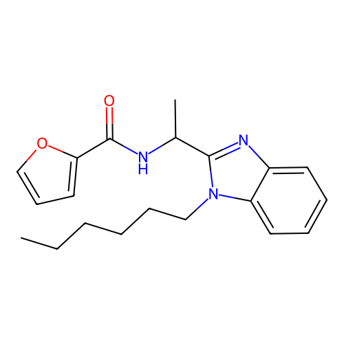 N-[1-(1-hexyl-2-benzimidazolyl)ethyl]-2-furancarboxamide structure