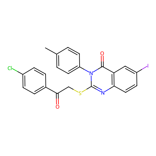 2-((2-(4-chlorophenyl)-2-oxoethyl)thio)-6-iodo-3-(p-tolyl)quinazolin-4(3H)-one structure