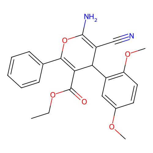 ethyl 6-amino-5-cyano-4-(2,5-dimethoxyphenyl)-2-phenyl-4H-pyran-3-carboxylate structure