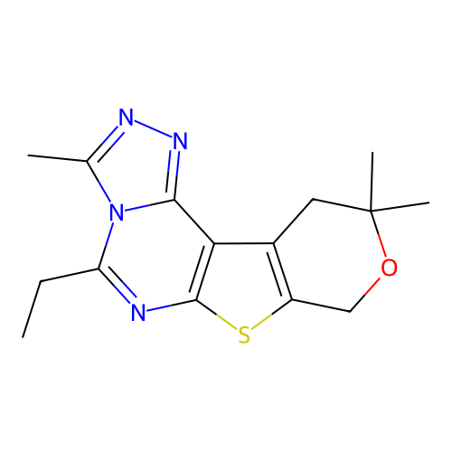 5-ethyl-3,10,10-trimethyl-10,11-dihydro-8H-pyrano[4',3':4,5]thieno[3,2-e][1,2,4]triazolo[4,3-c]pyrimidine structure