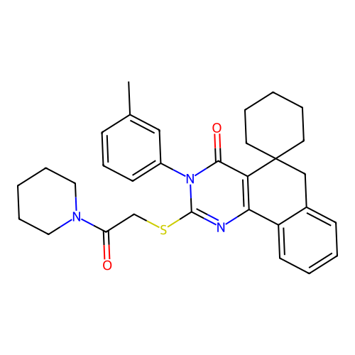 2-((2-oxo-2-(piperidin-1-yl)ethyl)thio)-3-(m-tolyl)-3H-spiro[benzo[h]quinazoline-5,1'-cyclohexan]-4(6H)-one structure