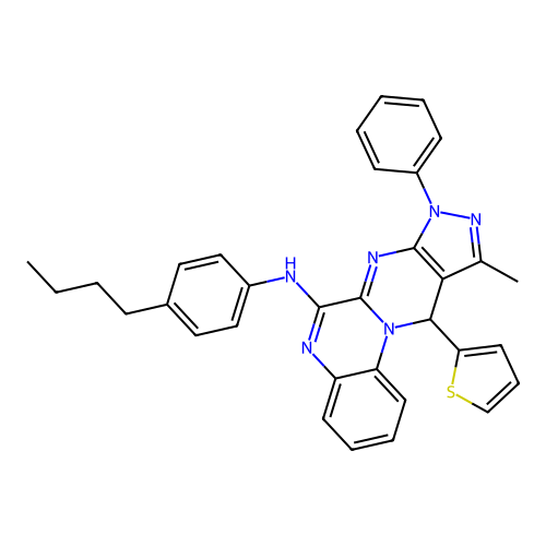 N-(4-butylphenyl)-10-methyl-8-phenyl-11-(thiophen-2-yl)-8,11-dihydropyrazolo[3',4':4,5]pyrimido[1,2-a]quinoxalin-6-amine structure