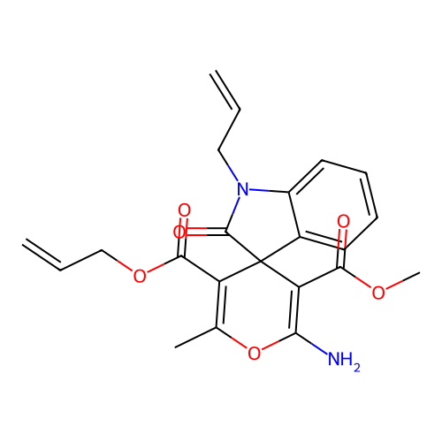 3'-methyl 5'-prop-2-en-1-yl 2'-amino-6'-methyl-2-oxo-1-(prop-2-en-1-yl)-1,2-dihydrospiro[indole-3,4'-pyran]-3',5'-dicarboxylate structure