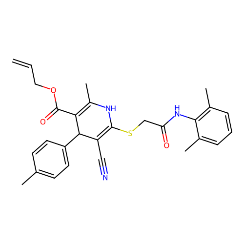 allyl 5-cyano-6-((2-((2,6-dimethylphenyl)amino)-2-oxoethyl)thio)-2-methyl-4-(p-tolyl)-1,4-dihydropyridine-3-carboxylate structure