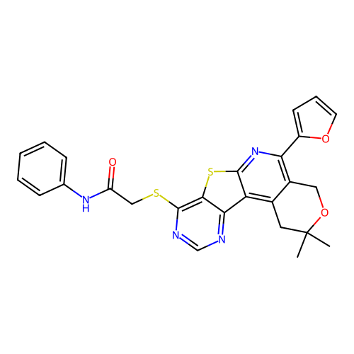 2-((5-(furan-2-yl)-2,2-dimethyl-2,4-dihydro-1H-pyrano[4'',3'':4',5']pyrido[3',2':4,5]thieno[3,2-d]pyrimidin-8-yl)thio)-N-phenylacetamide structure