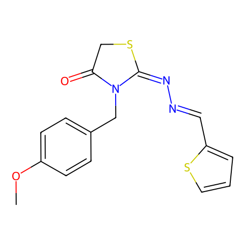 (E)-3-(4-methoxybenzyl)-2-((E)-(thiophen-2-ylmethylene)hydrazono)thiazolidin-4-one structure
