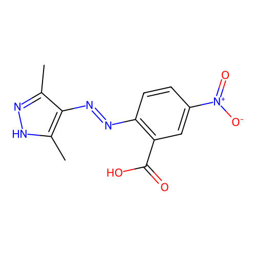 2-[(E)-(3,5-dimethyl-1H-pyrazol-4-yl)diazenyl]-5-nitrobenzoic acid structure